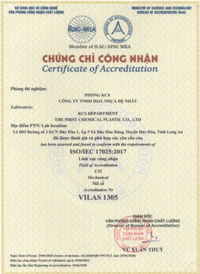 PH&Ograve;NG THỬ NGHIỆM NHỰA ĐỆ NHẤT  ĐẠT CHỨNG CHỈ TI&Ecirc;U CHUẨN CHẤT LƯỢNG ISO/IEC 17025:2017